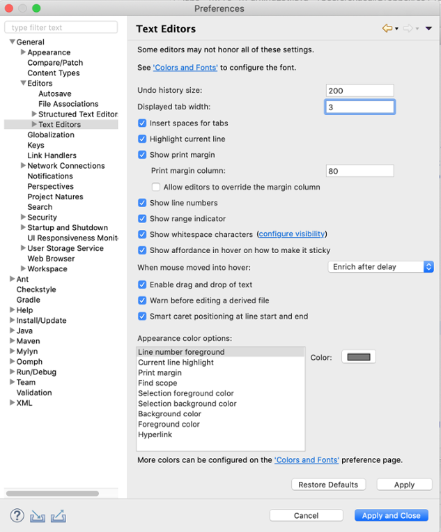 Eclipse preferences screenshot