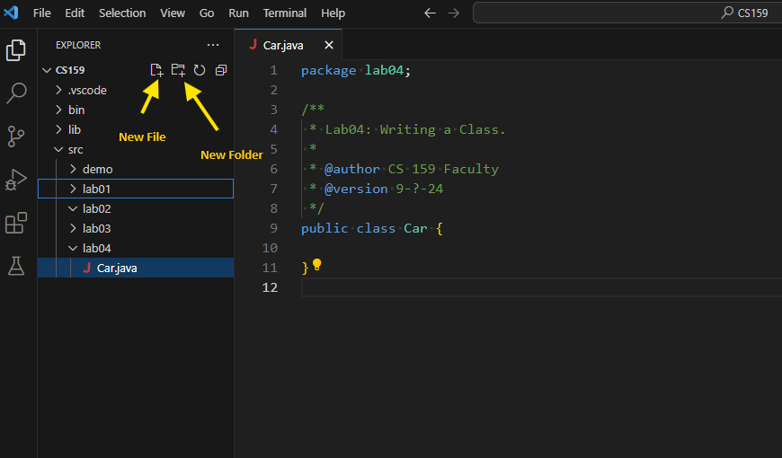 VS Code screenshot with Car.java